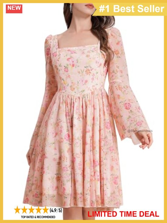 Dresses & Skirts - Floral Chiffon Bell Sleeve Square Neck Ruffle Mini Dress